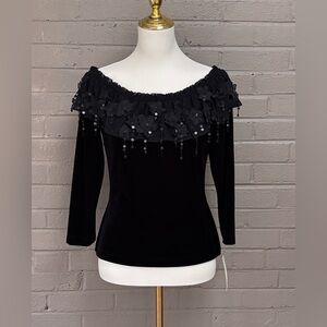 Cachet NWT Black Off-Shoulder Top with Sequin floral appliqué  M